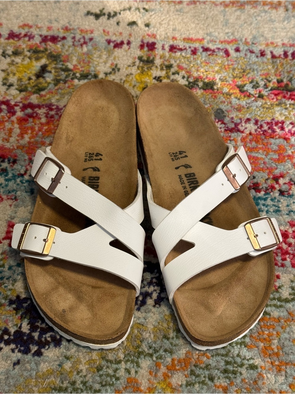 Birkenstock Yao White Double-Strap Cork Slide Sandals Size 41